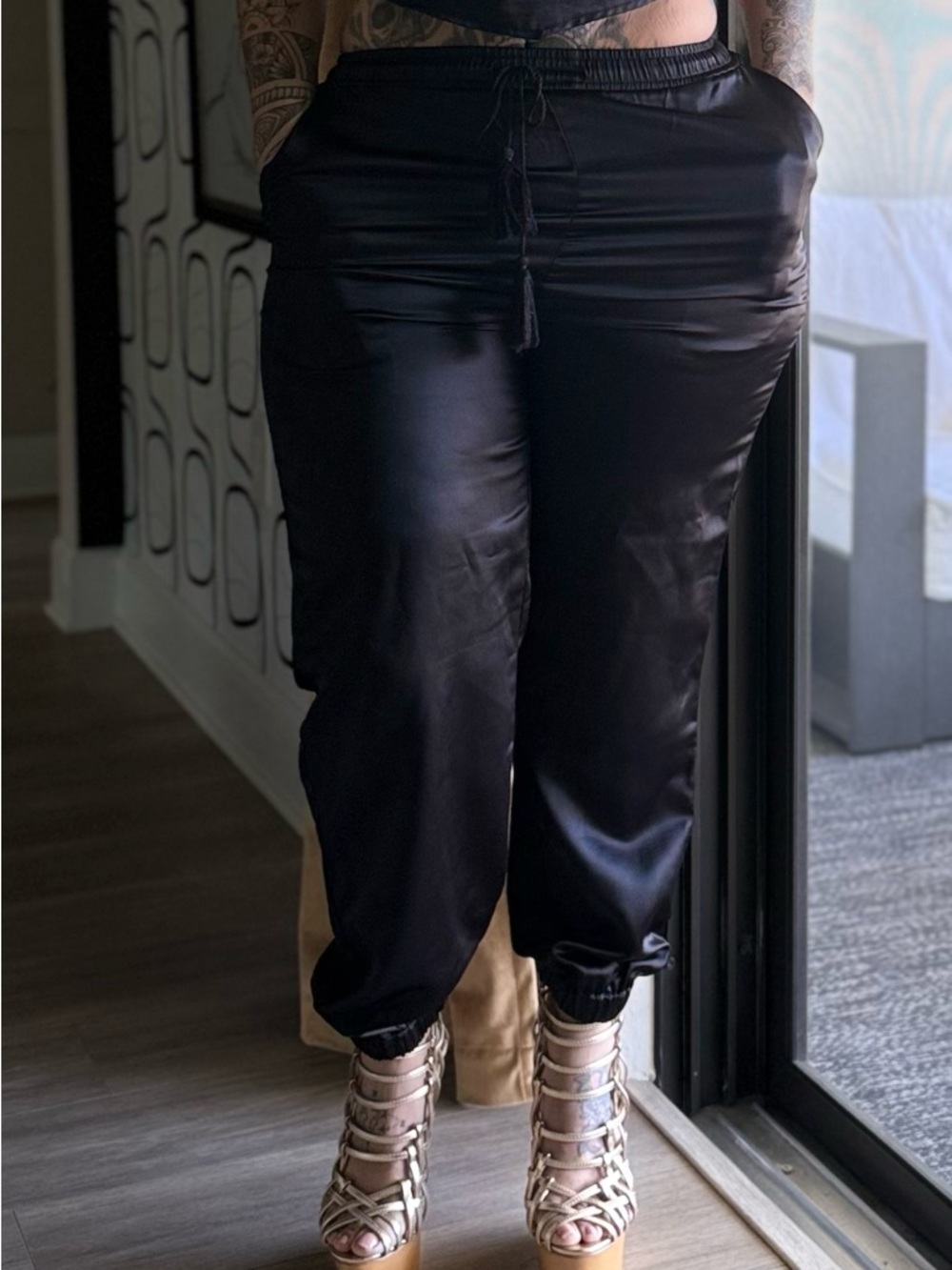 Allegra K Black Satin Jogger Pants
